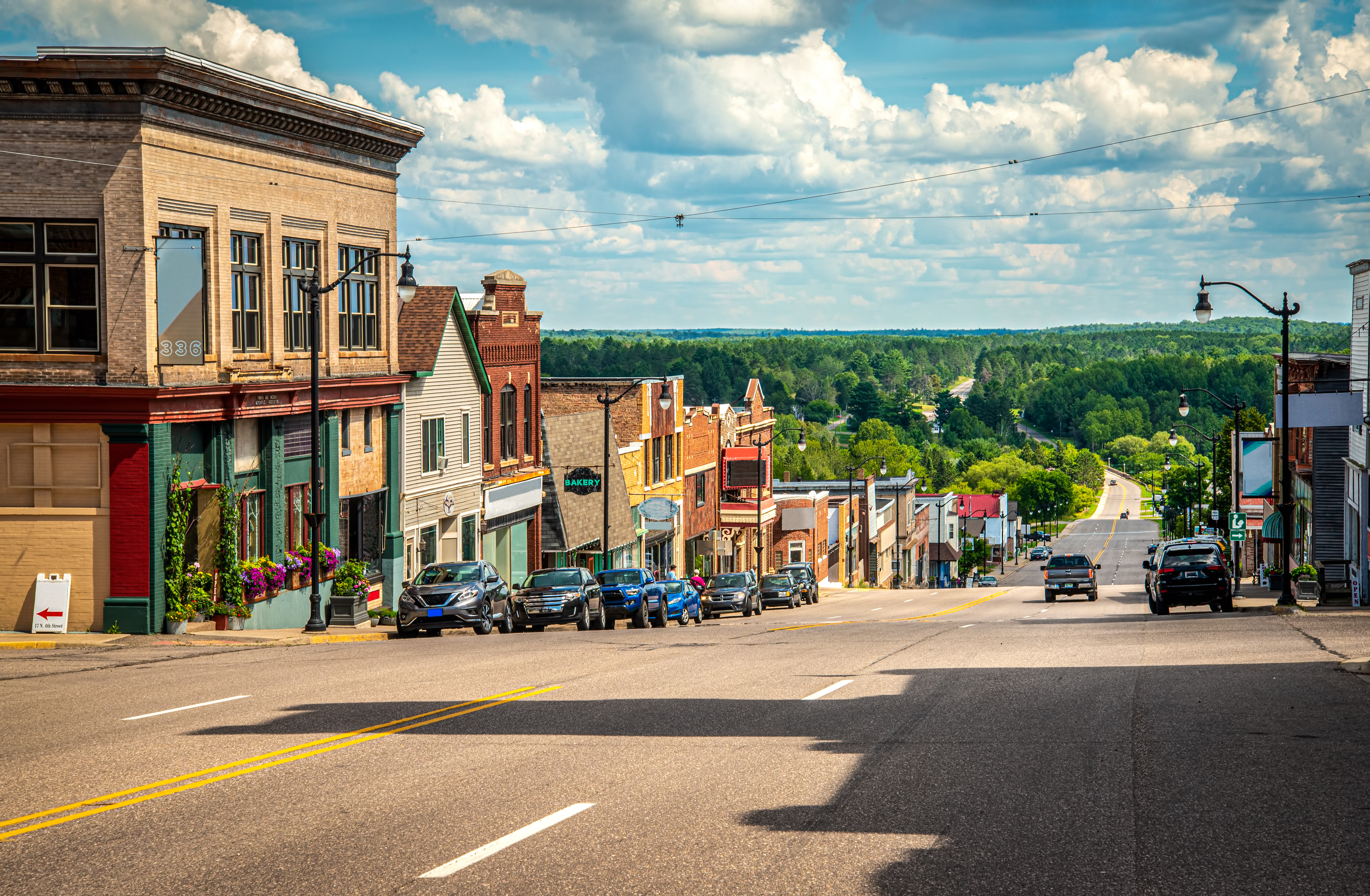 A small-town main street of independent shops